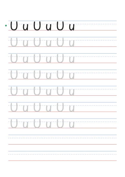 Letter U tracing worksheet with uppercase U and lowercase u on guide lines
