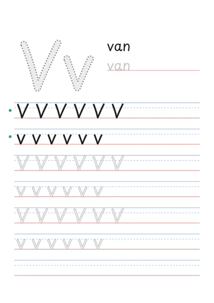 Letter V tracing worksheet with a big Vv, the word van and rows to trace