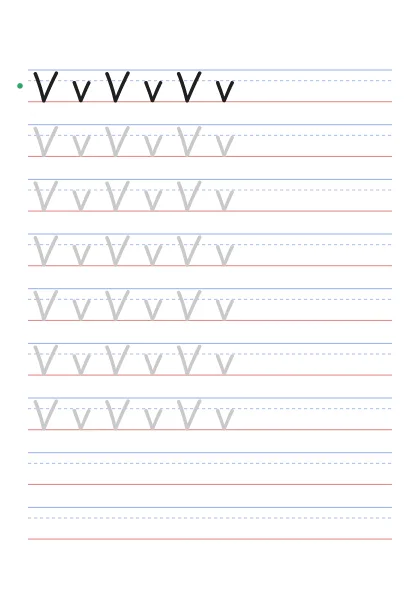 Letter V tracing worksheet with uppercase V and lowercase v on guide lines