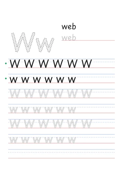 Letter W tracing worksheet with a big Ww, the word web and rows to trace