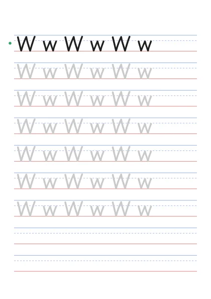 Letter W tracing worksheet with uppercase W and lowercase w on guide lines