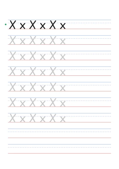 Letter X tracing worksheet with uppercase X and lowercase x on guide lines