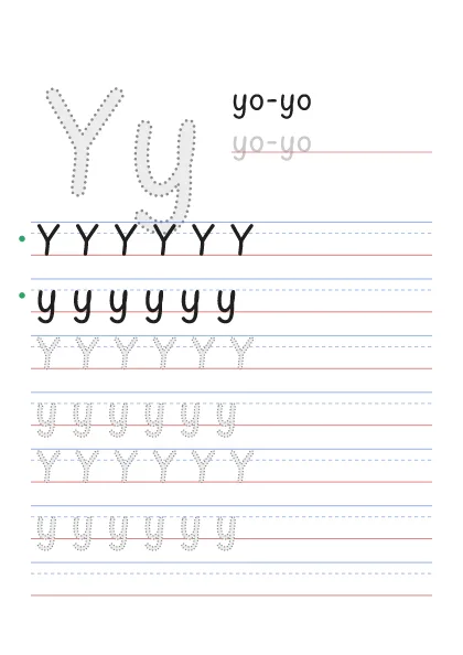 Letter Y tracing worksheet with a big Yy, the word yo-yo and rows to trace