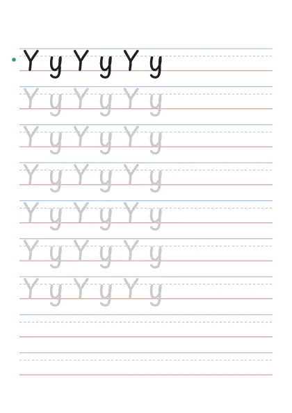 Letter Y tracing worksheet with uppercase Y and lowercase y on guide lines