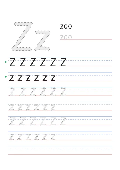 Letter Z tracing worksheet with a big Zz, the word zoo and rows to trace