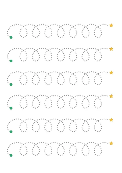 Loops tracing worksheet: big dotted rows from a green dot to a star