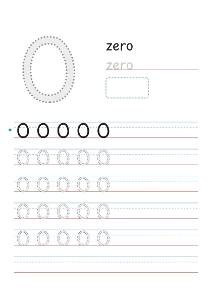 Number 0 tracing worksheet with the word zero and 0 circles to count