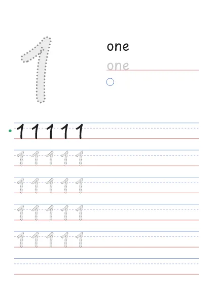 Number 1 tracing worksheet with the word one and 1 circles to count