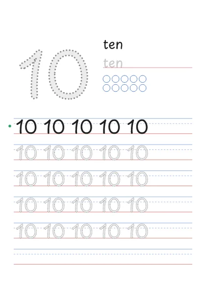 Number 10 tracing worksheet with the word ten and 10 circles to count