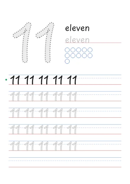 Number 11 tracing worksheet with the word eleven and 11 circles to count