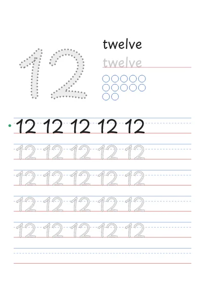 Number 12 tracing worksheet with the word twelve and 12 circles to count
