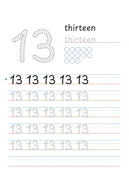 Number 13 tracing worksheet with the word thirteen and 13 circles to count