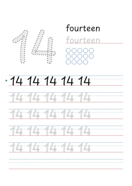 Number 14 tracing worksheet with the word fourteen and 14 circles to count