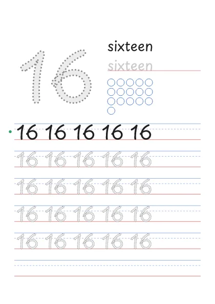 Number 16 tracing worksheet with the word sixteen and 16 circles to count