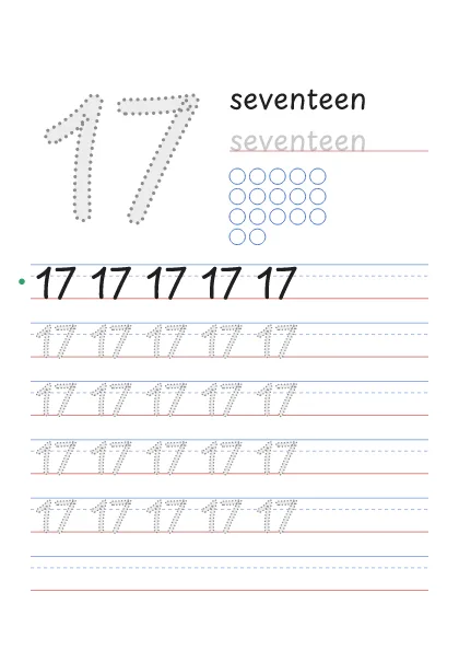 Number 17 tracing worksheet with the word seventeen and 17 circles to count