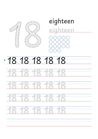 Number 18 tracing worksheet with the word eighteen and 18 circles to count