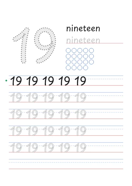 Number 19 tracing worksheet with the word nineteen and 19 circles to count