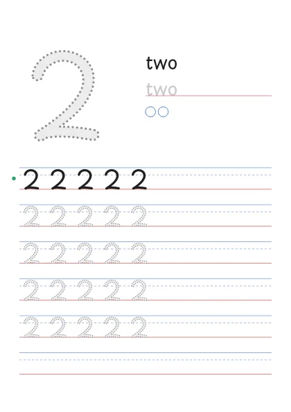 Number 2 tracing worksheet with the word two and 2 circles to count
