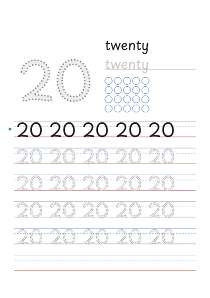 Number 20 tracing worksheet with the word twenty and 20 circles to count