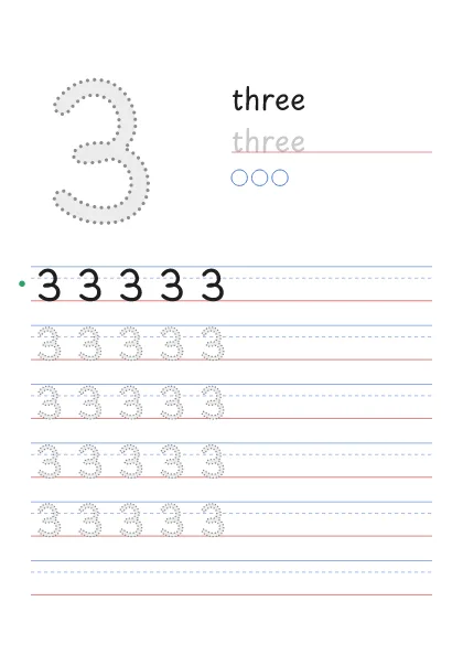 Number 3 tracing worksheet with the word three and 3 circles to count