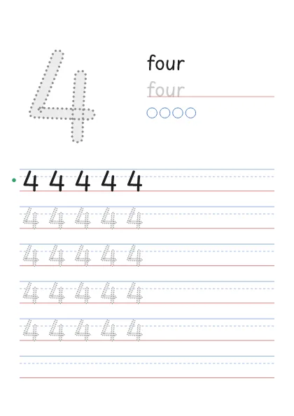 Number 4 tracing worksheet with the word four and 4 circles to count