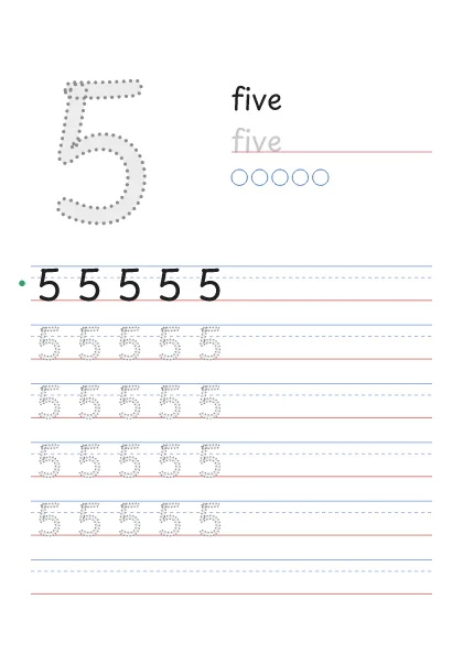 Number 5 tracing worksheet with the word five and 5 circles to count