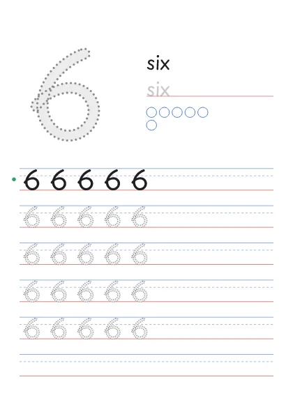 Number 6 tracing worksheet with the word six and 6 circles to count