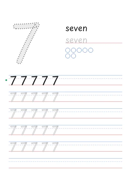 Number 7 tracing worksheet with the word seven and 7 circles to count
