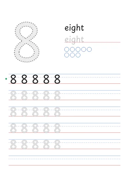 Number 8 tracing worksheet with the word eight and 8 circles to count