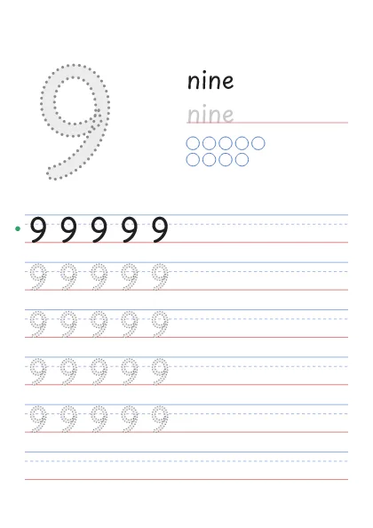 Number 9 tracing worksheet with the word nine and 9 circles to count