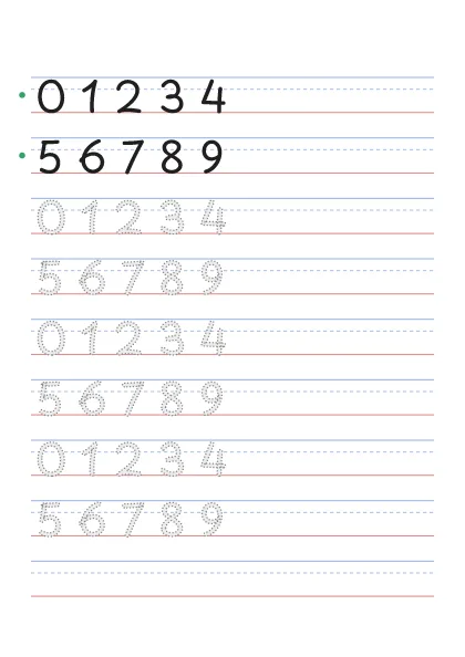 Tracing numbers 0 to 9 worksheet with dotted digits on guide lines