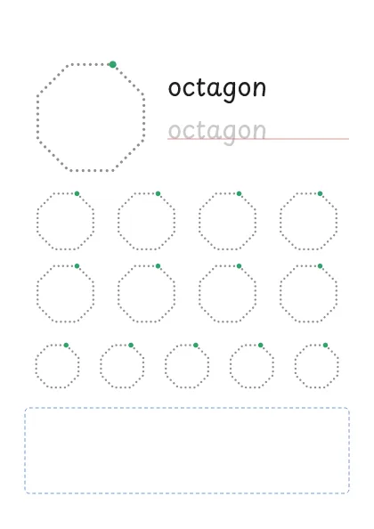 Octagon tracing worksheet: a big dotted octagon, the word octagon to trace and rows of smaller octagons