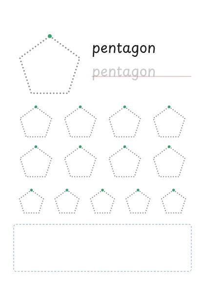 Pentagon tracing worksheet: a big dotted pentagon, the word pentagon to trace and rows of smaller pentagons