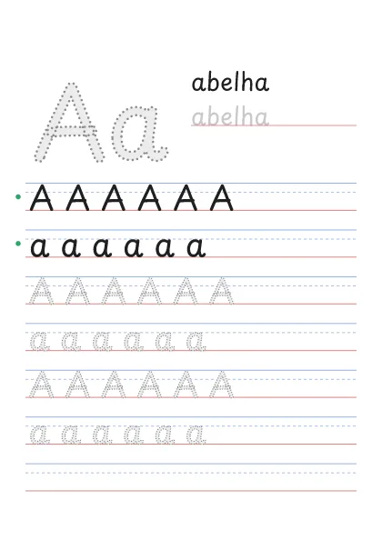Letra A pontilhada para cobrir, com a palavra abelha e linhas de caligrafia