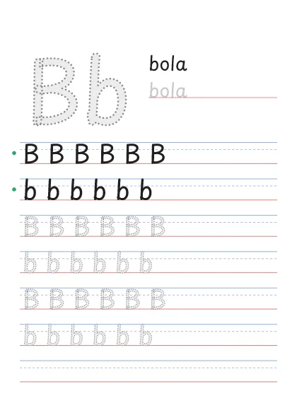 Letra B pontilhada para cobrir, com a palavra bola e linhas de caligrafia