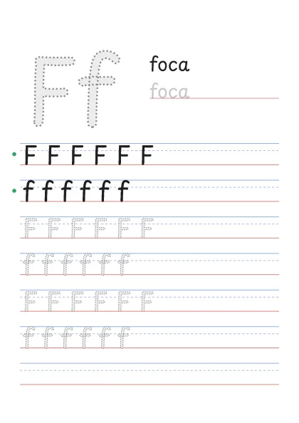 Letra F pontilhada para cobrir, com a palavra foca e linhas de caligrafia
