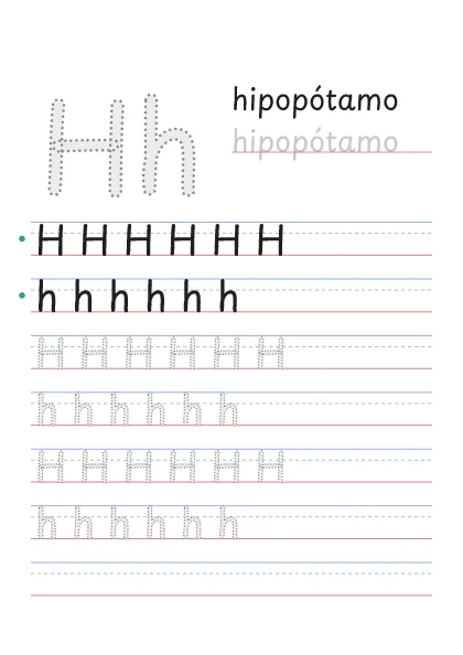 Letra H pontilhada para cobrir, com a palavra hipopótamo e linhas de caligrafia