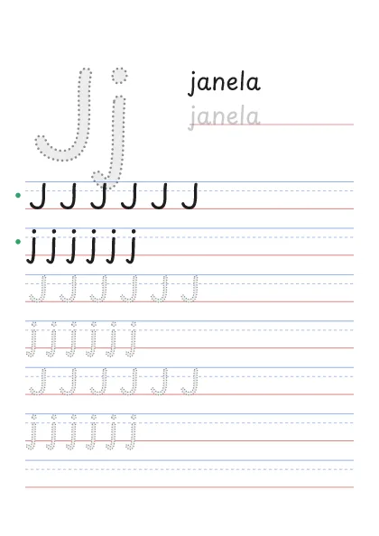 Letra J pontilhada para cobrir, com a palavra janela e linhas de caligrafia