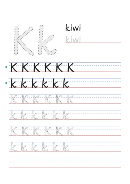 Letra K pontilhada para cobrir, com a palavra kiwi e linhas de caligrafia