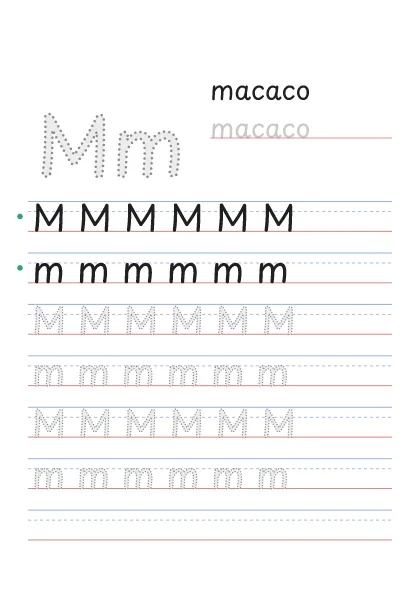Letra M pontilhada para cobrir, com a palavra macaco e linhas de caligrafia