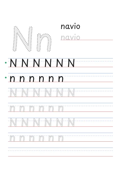 Letra N pontilhada para cobrir, com a palavra navio e linhas de caligrafia