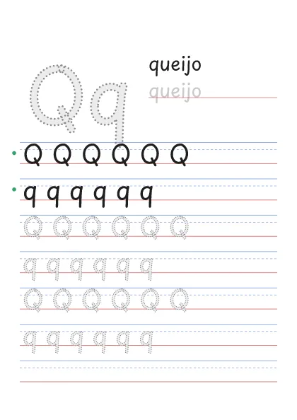 Letra Q pontilhada para cobrir, com a palavra queijo e linhas de caligrafia