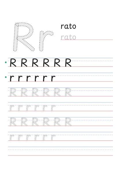 Letra R pontilhada para cobrir, com a palavra rato e linhas de caligrafia