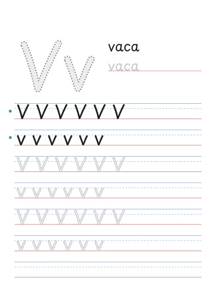 Letra V pontilhada para cobrir, com a palavra vaca e linhas de caligrafia