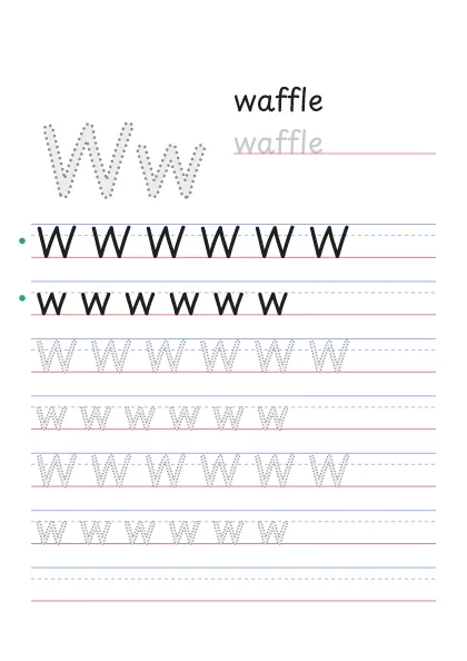 Letra W pontilhada para cobrir, com a palavra waffle e linhas de caligrafia
