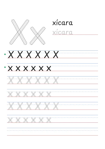 Letra X pontilhada para cobrir, com a palavra xícara e linhas de caligrafia