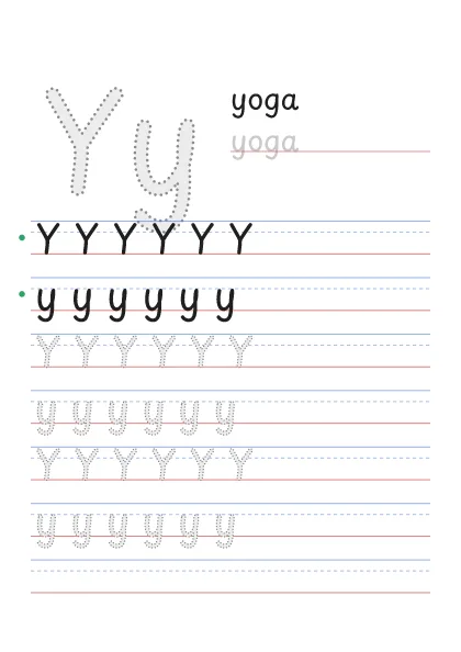 Letra Y pontilhada para cobrir, com a palavra yoga e linhas de caligrafia