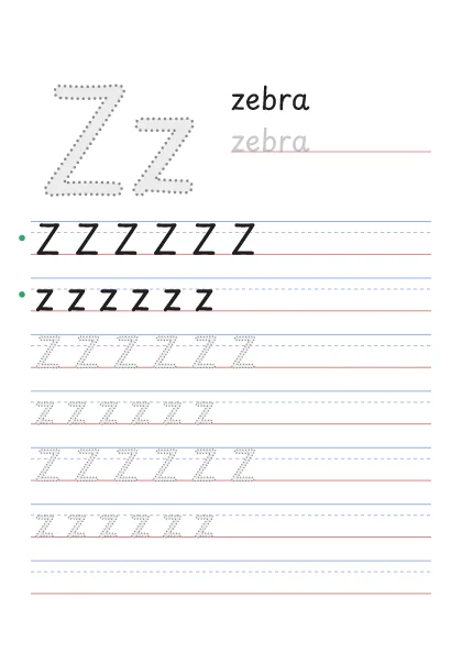 Letra Z pontilhada para cobrir, com a palavra zebra e linhas de caligrafia