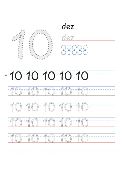Número 10 pontilhado com a palavra dez e 10 bolinhas para contar