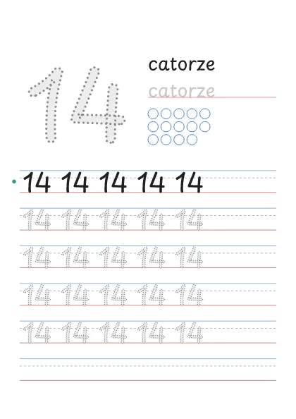 Número 14 pontilhado com a palavra catorze e 14 bolinhas para contar